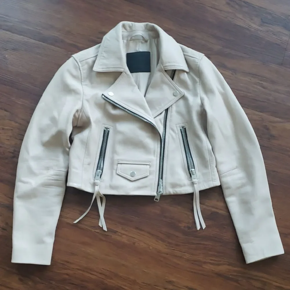 All Saints Pale Pink Cream Leather Chic Edgy Feminine Cropped Elora Biker Size 6 - Picture 2 of 13